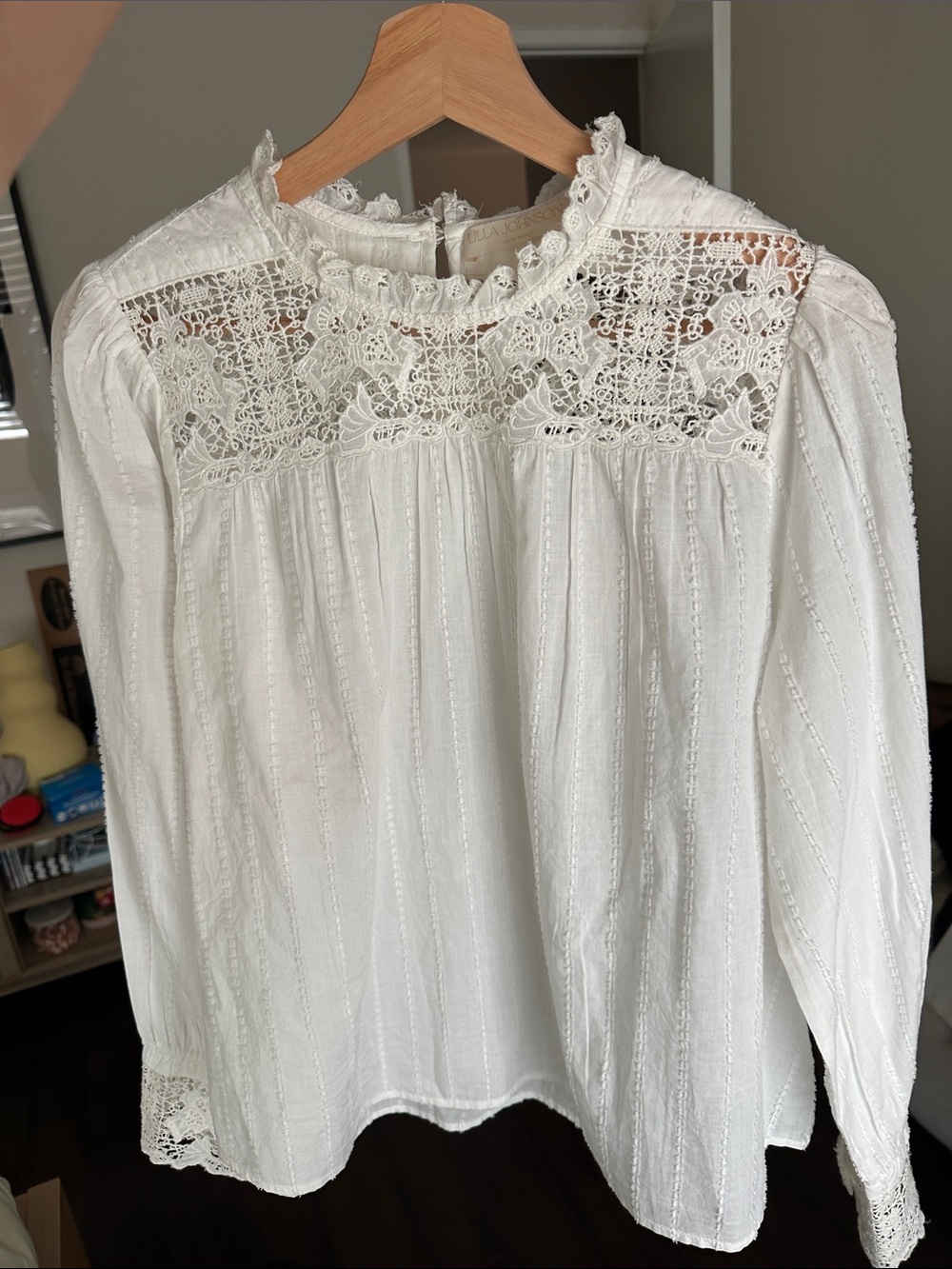 Ulla Johnson White Lace Yoke Long-Sleeve Blouse